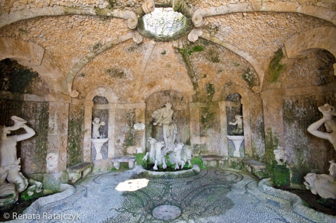 A grotto hidden under one of the terraces in Villa Garzoni gardens, Italy.